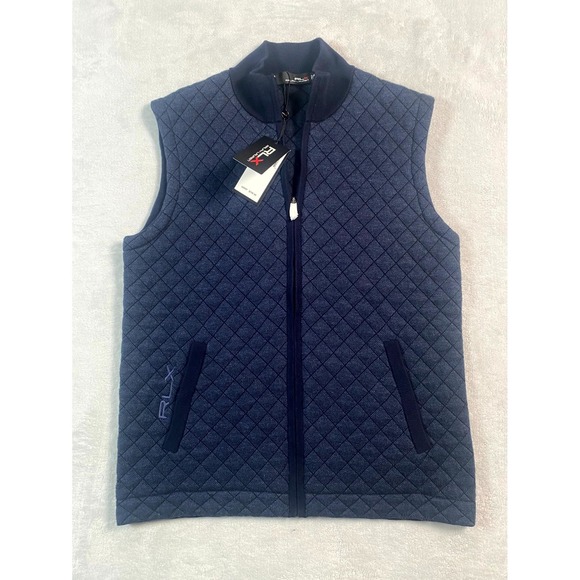 $298 RLX Ralph Lauren Quilted Golf Vest Mens S Navy Logo Cotton‎ Silk Blend Zip